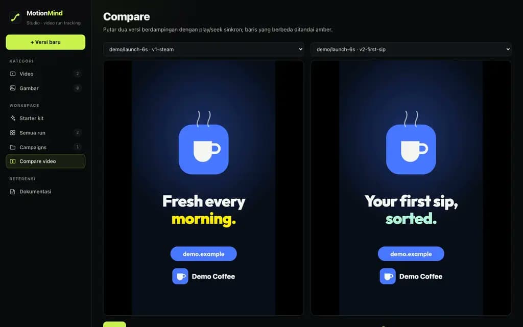 The Studio's Compare page: two versions of Demo Coffee played side by side
